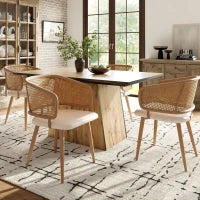 Set di 4 sedie da pranzo con schienale in rattan, cuscino della seduta in pelle PU, 51x 54x79 cm, Marrone Beige