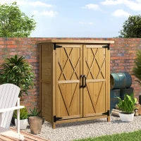 Armadio da Giardino Porta Attrezzi in Legno con 2 Ante e 4 Scaffali, Piano in Lamiera, 75x40x90 cm