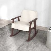 Poltrona a Dondolo in Tessuto Effetto Lino e Legno con Braccioli e Cuscini, 66x78x76 cm, Beige e Marrone