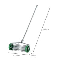 Rastrello Scarificatore con Ruote da Giardino Ferro zincato 135×42×15cm Verde, argento
