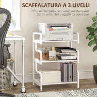 Supporto per Stampante Industriale a 3 Livelli, in Metallo e Truciolato, 55x40x77 cm, Bianco