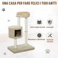 Albero Tiragraffi per Gatti Multi-livello, 2 Piattaforme, 1 Casetta e Corde in Juta, 61x41x96 cm, Beige