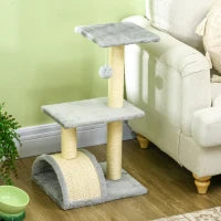 Albero per Gatti a 3 Livelli con Tiragraffi, Peluche e Sisal, 40x35x72 cm, Grigio Chiaro