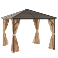 Gazebo da Giardino 3x3m in Alluminio con Zanzariera, Tende Laterali e Tetto Rigido, Marrone