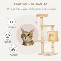 Albero Tiragraffi per Gatti in Legno a 4 Livelli con Cuccia, Giocattoli, Pallina e Corda, Altezza 114 cm