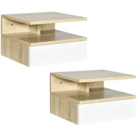 Set da 2 Comodini Sospesi con Cassetto e Ripiano Superiore, in Legno, 35x32x22.5 cm, Bianco e Rovere