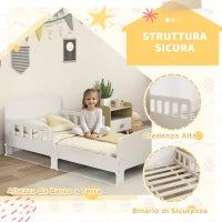 Letto per Bambini 3-8 Anni Basso con Sponde Laterali e Bordi Lisci, in Legno, 143.5x74.2x54 cm, Bianco