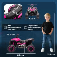 Quad Elettrico per Bambini 12V, 2 Velocità, Ruote Larghe con Clacson e Fari LED, Età 3-5 Anni, Rosa