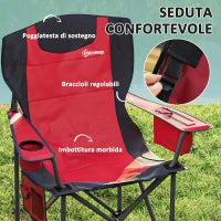 Set 2 Sedie da Campeggio Pieghevoli con Borsa Frigo, Portabicchieri e 2 Tasche, 94x62x100 cm, Rosso
