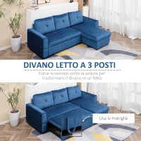 Divano Letto Angolare 3 Posti Effetto Velluto e Chaise Longue con Contenitore, 232x141x85cm, Blu