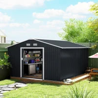 Casetta da Giardino 12.4m² con Fondazione, 4 Prese d'Aria e 2 Porte Scorrevoli, Capanno Porta Attrezzi in Lamiera d'Acciaio, 340x386x200 cm, Giallo