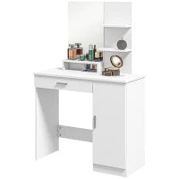 Tavolo per Trucco in Truciolato con Mobiletto, Cassetto, Ripiani Aperti e Specchio, 90x38x138 cm, Bianco