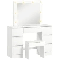 Toeletta Trucco con Specchio Stile Hollywood, 8 Luci LED, 7 Cassetti e Sgabello Imbottito, Bianco