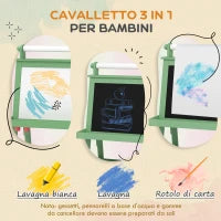Lavagna per Bambini con Cavalletto 3 in 1, Rotolo di Carta e 2 Contenitori, in Legno, 59x48x118 cm, Verde