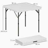 Tavolo da Campeggio Pieghevole con 2 Altezze Regolabili in HDPE e Metallo, 86x86x74 cm, Bianco