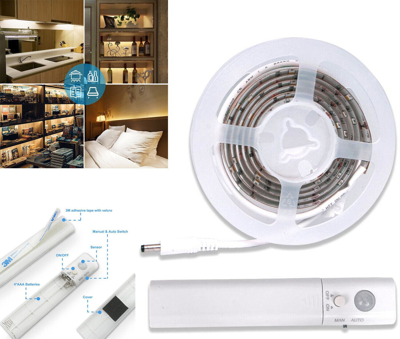 1 MT STRISCIA LED CON SENSORE DI MOVIMENTO LUCE BIANCA 6000K ARMADI LETTO