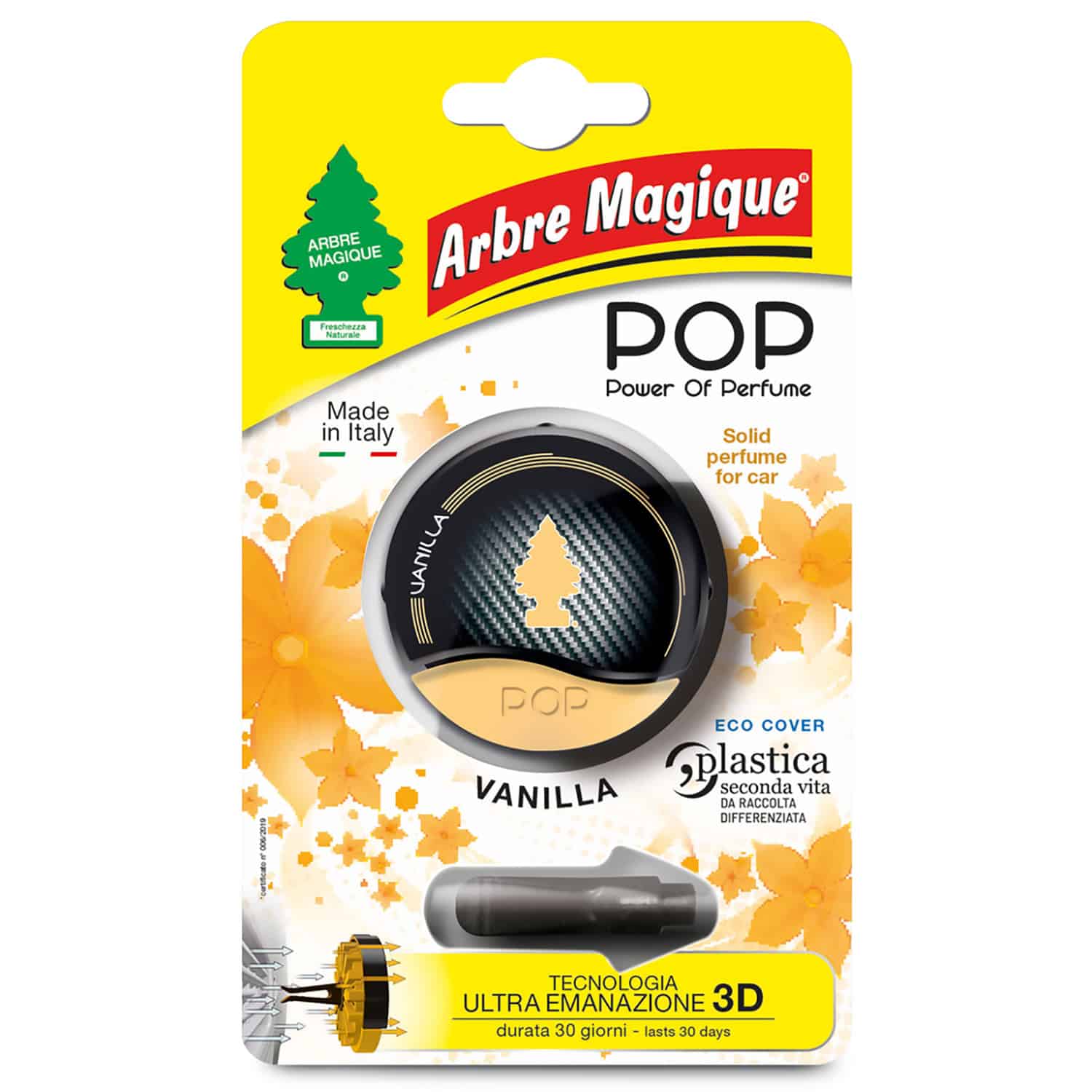 POP Profumatore Auto Solido, Durata Fino a 30 Giorni,Italiano, 1 Pezzo, Vanilla, Arbre Magique