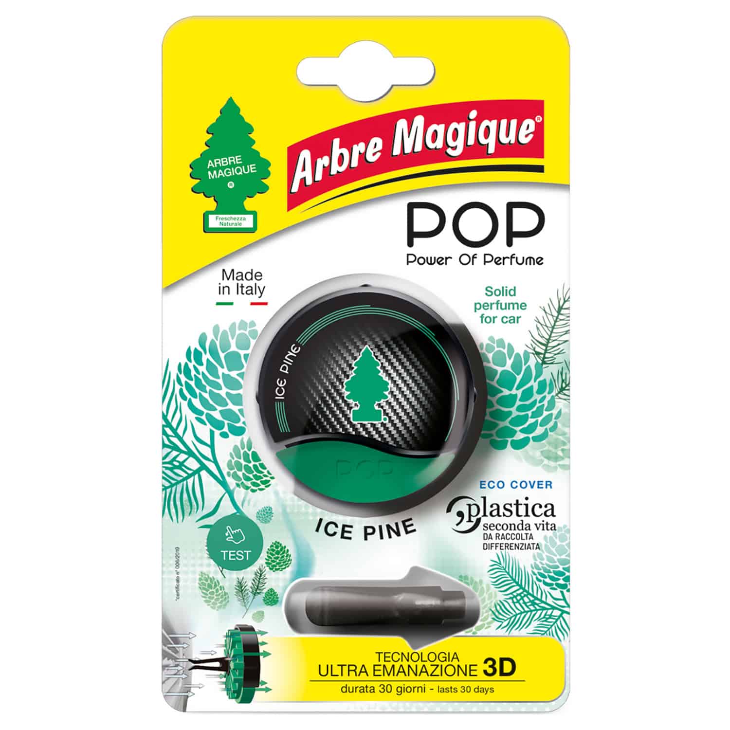 POP Profumatore Auto Solido, Durata Fino a 30 Giorni,Italiano, 1 Pezzo, Ice Pine, Arbre Magique