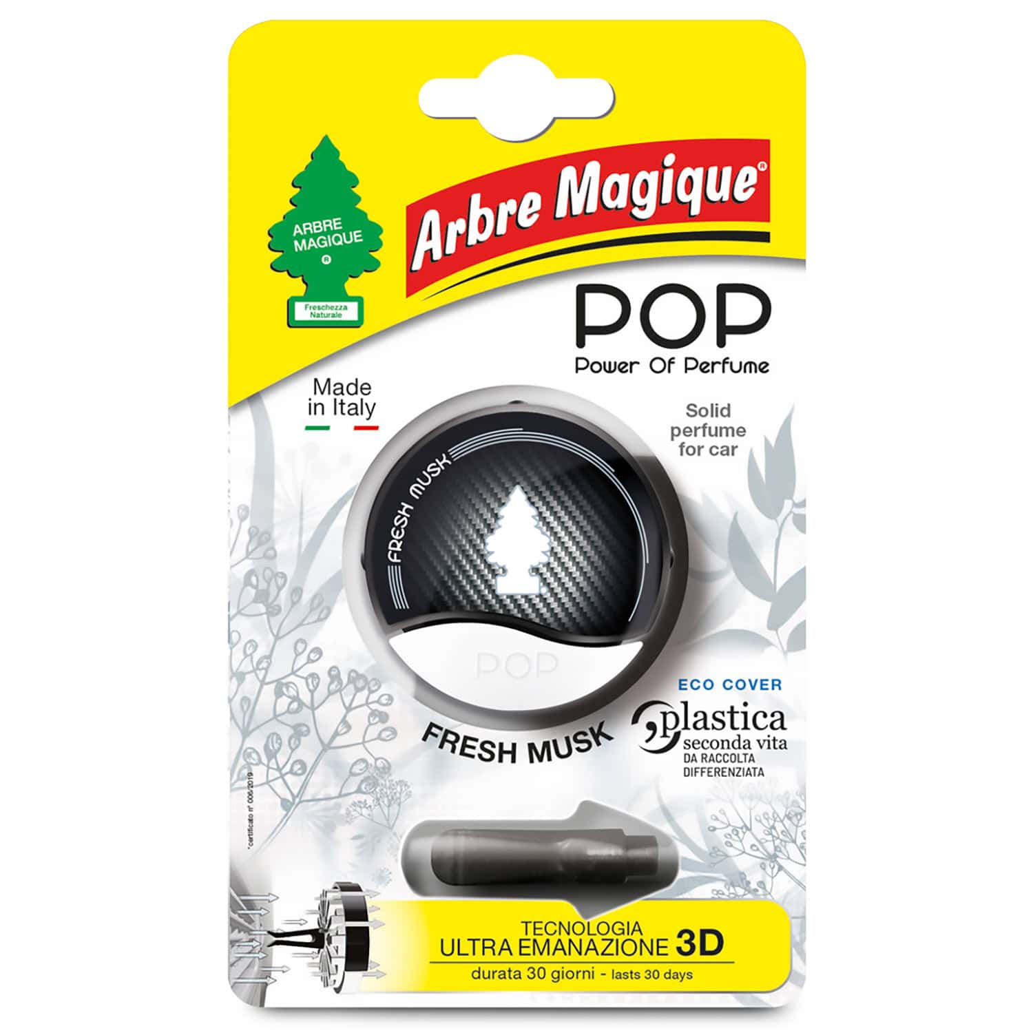 POP Profumatore Auto Solido, Durata Fino a 30 Giorni,Italiano, 1 Pezzo, Fresh Musk, Arbre Magique