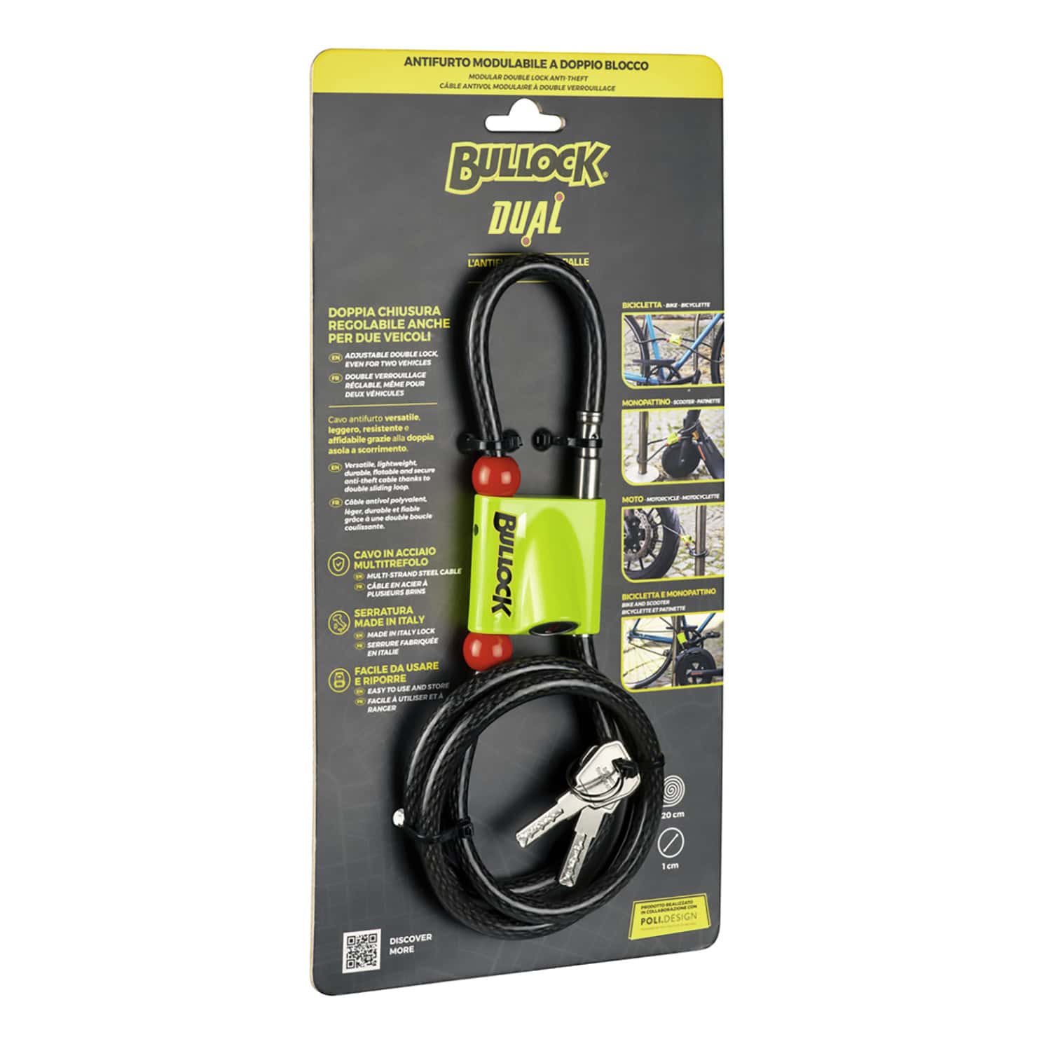 Bullock Dual Cavo Antifurto per Veicoli a Due Ruote, Chiusura Regolabile, Doppio Blocco, Adatto a Moto, Scooter e Bici