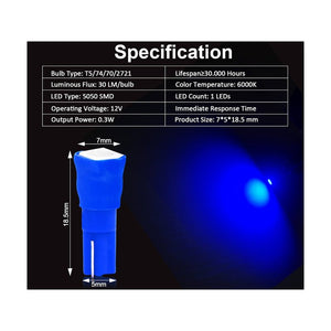 10 Lampadine LED T5 12V W1.2W Blu SMD 5050 per Cruscotto Auto Moto 6000K