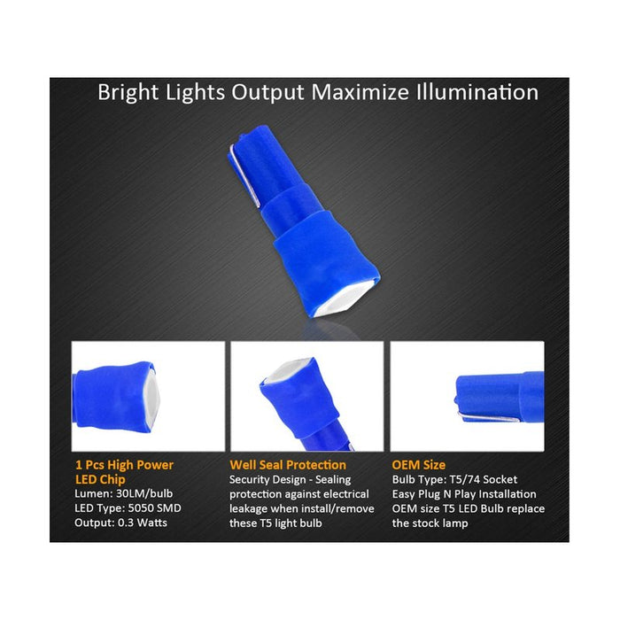 10 Lampadine LED T5 12V W1.2W Blu SMD 5050 per Cruscotto Auto Moto 6000K