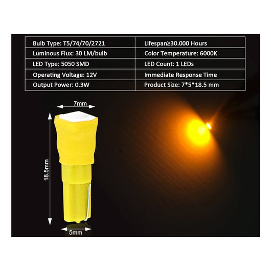 10 Lampadine Led T5 12V W1,2W Colore Giallo Arancione Con Smd 5050 Luci Cruscotto