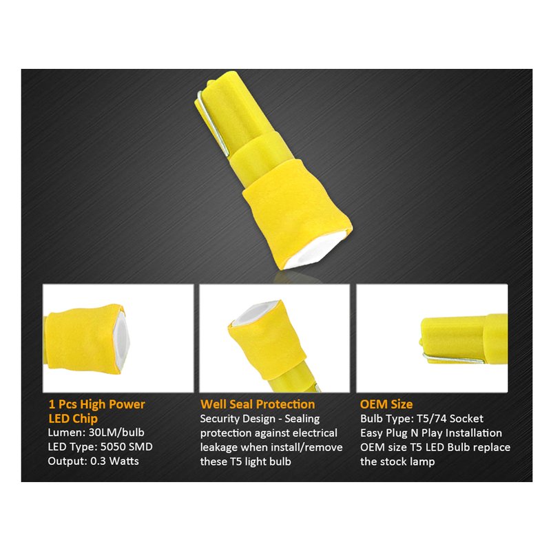 10 Lampadine Led T5 12V W1,2W Colore Giallo Arancione Con Smd 5050 Luci Cruscotto