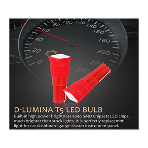 10 Lampadine LED T5 12V W1.2W Rosse SMD 5050 per Cruscotto Auto Moto