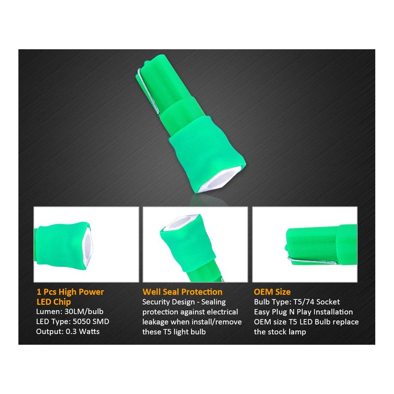 10x Lampadine LED T5 12V W1.2W Verde Cruscotto Auto Moto 1 SMD 5050