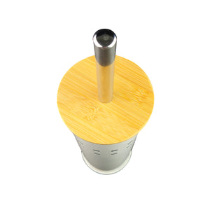 Scopino WC con contenitore in acciaio e coperchio in bambù