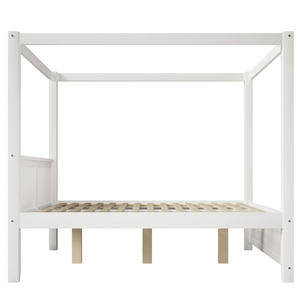 Letto a baldacchino 140 x 200 cm con lamelle verticali in pino e MDF; bianco