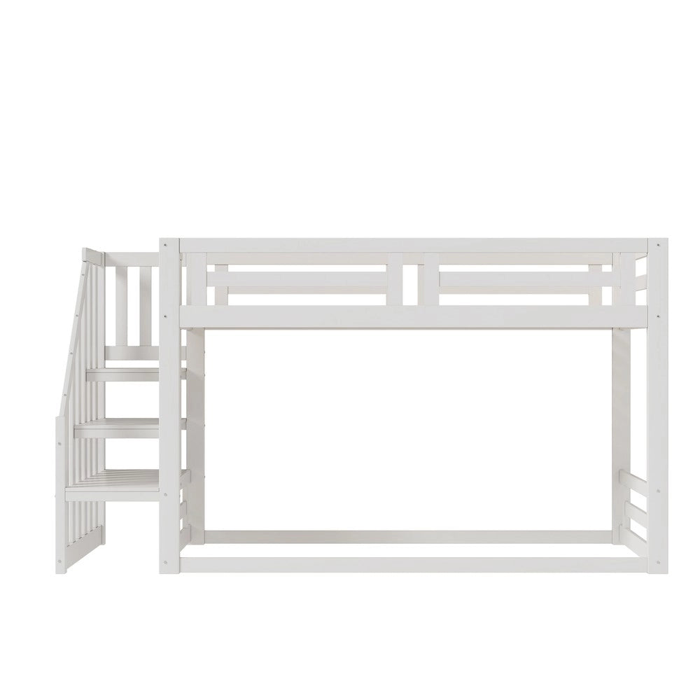 Letto a Castello Basso per Bambini con Scala ¨C MINIMAL ¨C Massello Bianco, Doghe, 90x200