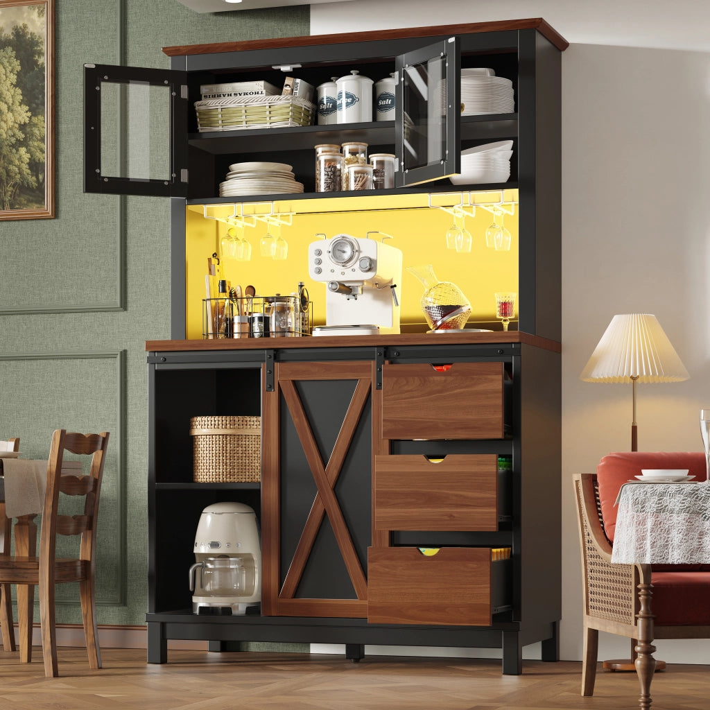 ARMADIO DISPENSA Alto 104x40x180 cm Nero Vetro e MDF con LED