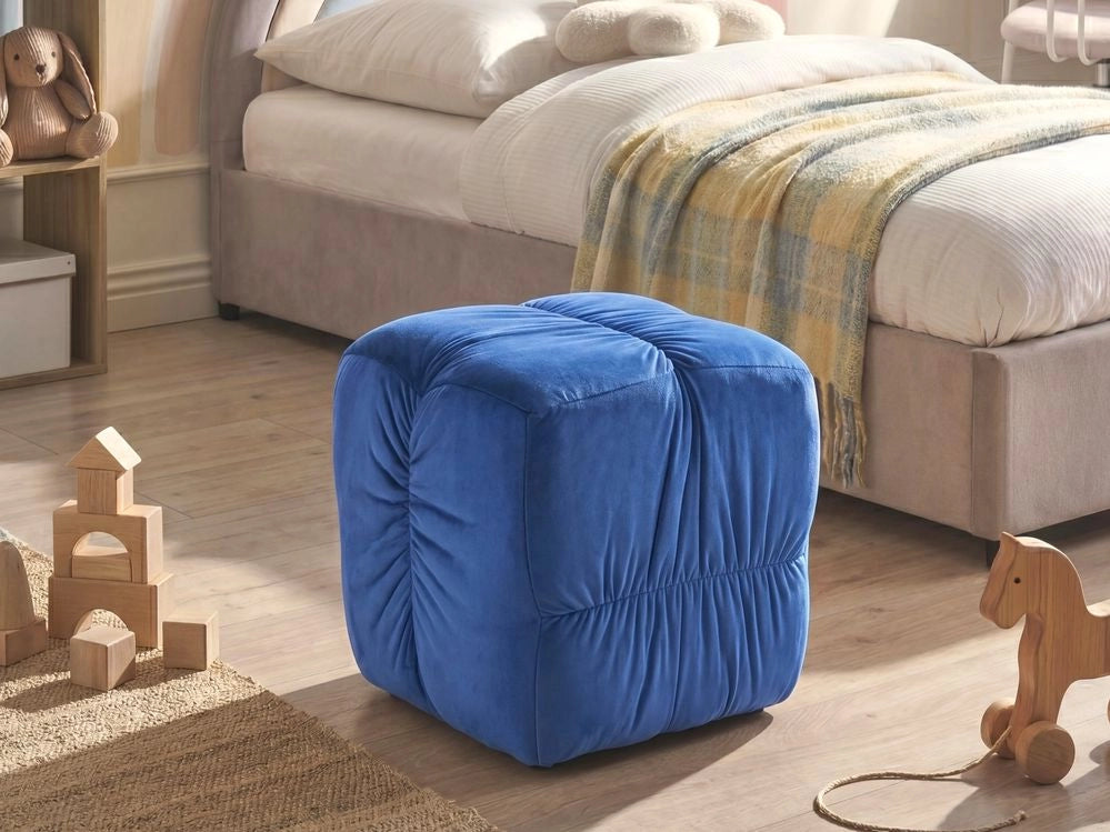 Pouf quadrato in velluto blu 38 x 38 cm, poggiapiedi decorativo con rivestimento setoso, in stile boho, per soggiorno e camera da letto