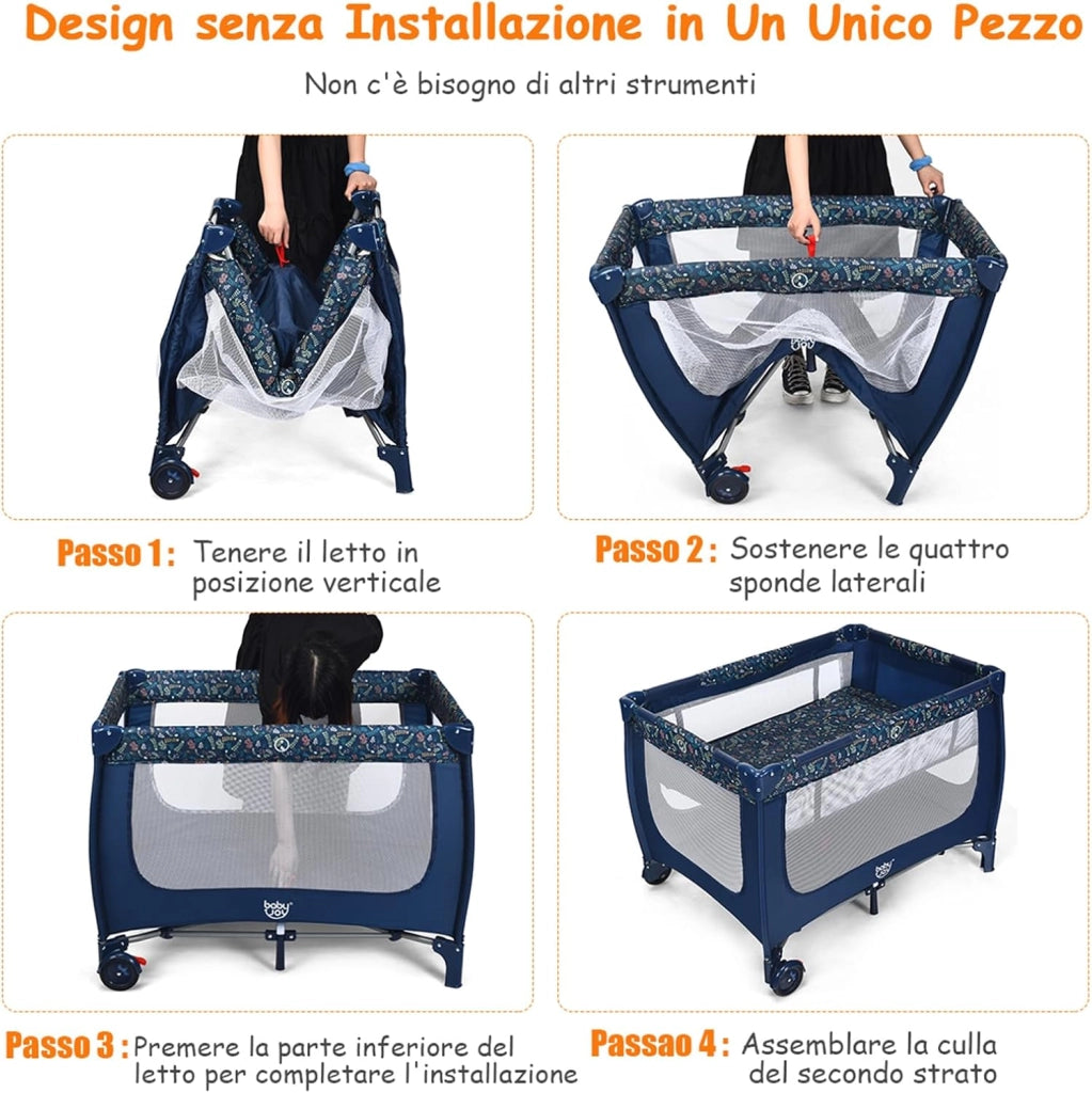 Lettino da Campeggio con Materasso, Lettino per Bambini Pieghevole, Culla da Viaggio Portatile con 2 Ruote, Per Bambini 0-36 Mesi, 125 x 65 x 76 cm (Blu)