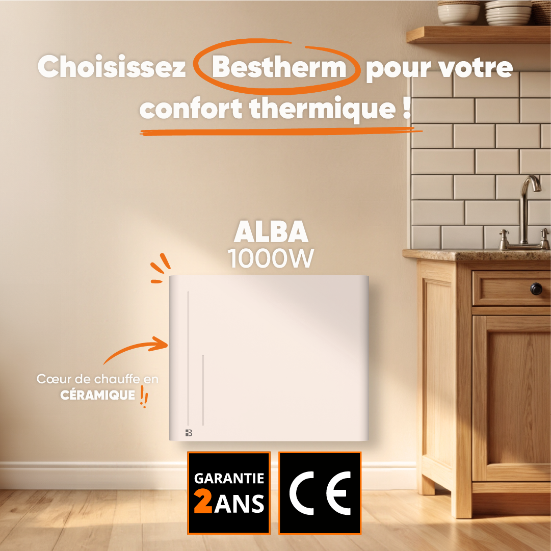 Radiatore elettrico fisso ad inerzia ceramica a secco 1000W ALBA orizzontale bianco