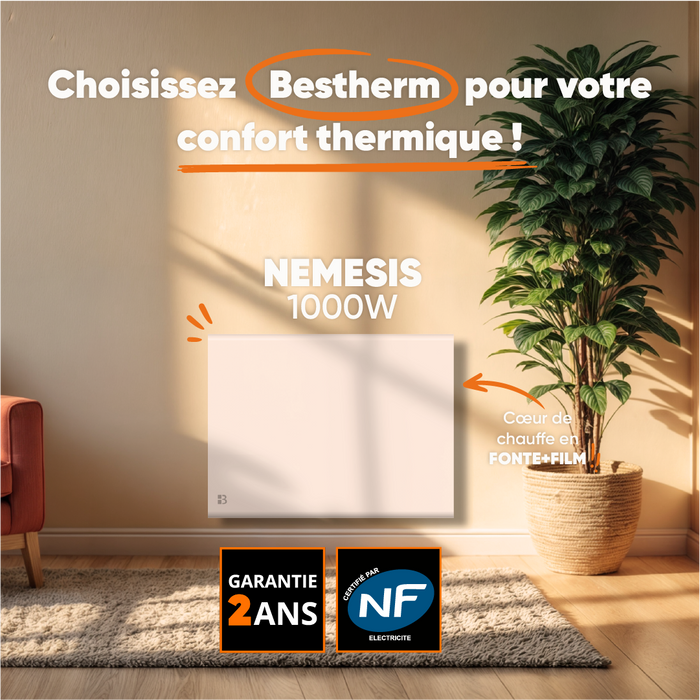 Radiatore elettrico fisso ad inerzia secca ghisa+film 1000W NEMESIS orizzontale bianco