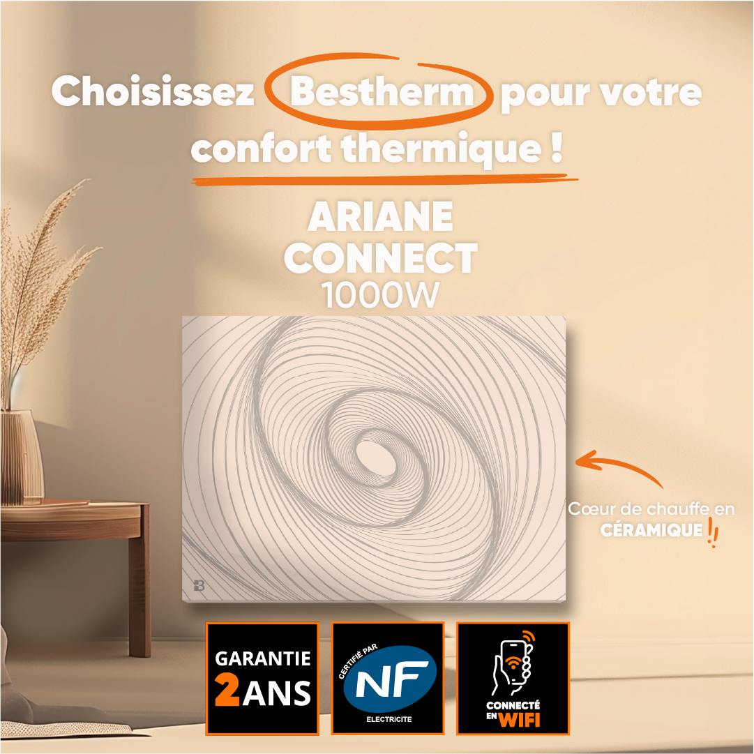Radiatore elettrico fisso connesso WIFI con inerzia ceramica a secco 1000W ARIANE CONNECT orizzontale bianco
