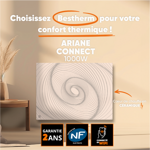 Radiatore elettrico fisso connesso WIFI con inerzia ceramica a secco 1000W ARIANE CONNECT orizzontale bianco
