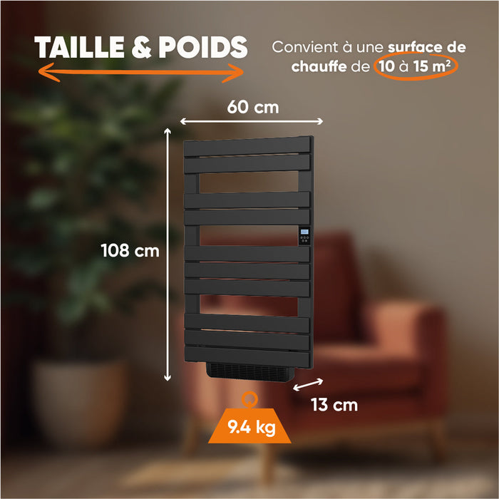 Scaldasalviette elettrico Besther HANAE nero con ventilatore, 500 + 1000 W, H.108,4 x L.60 cm