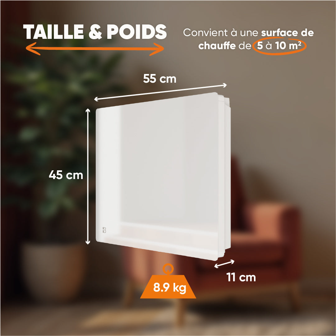 Radiatore elettrico fisso con frontale in vetro ceramico ad inerzia secca 1000W IRIS orizzontale bianco