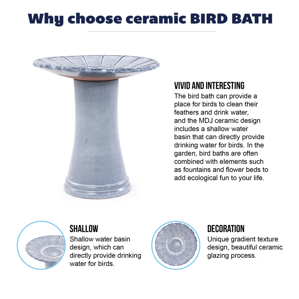 Fontana da giardino in ceramica fatta a mano per uccelli con vasca ampia e piedistallo alto blu grigio chiaro