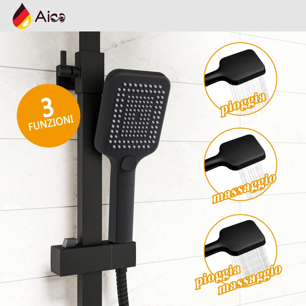 AICA Colonna doccia con miscelatore termostatico, rubinetto doccia rettangolare 28x4cm, soffione doccia quadrato 30x30cm in acciaio inox nero
