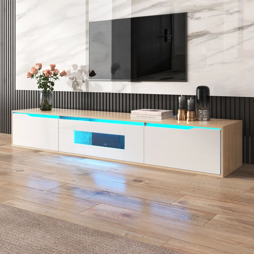 Mobile TV con Ante Scanalate e LED 16 Colori; Bianco Lucido e Effetto Legno; 180¡Á35¡Á30 cm; in Pannello Truciolare
