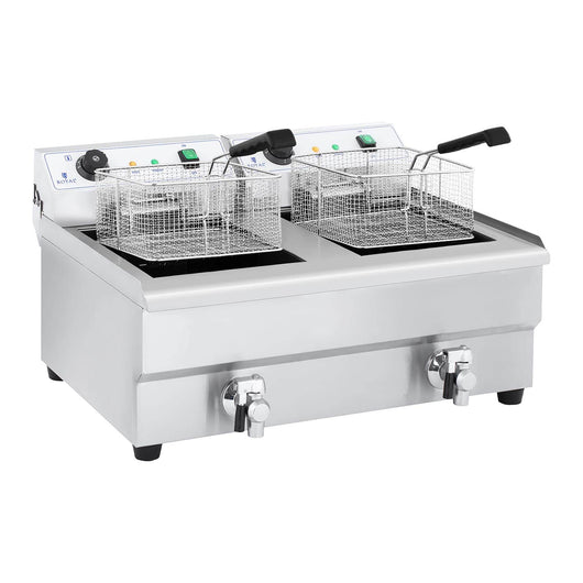 Friggitrice elettrica professionale doppia ristorante 2 x 3 200 watt 2 x 16 litri totali 2 x 12 litri termostato olio 2 rubinetti acciaio inox 14_0003982