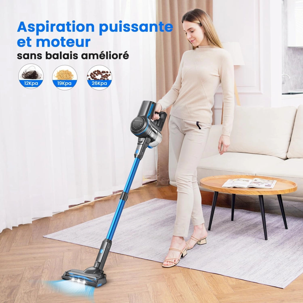 Aspirapolvere senza fili INSE S7P blu con display a LED e spazzola a rullo morbida.