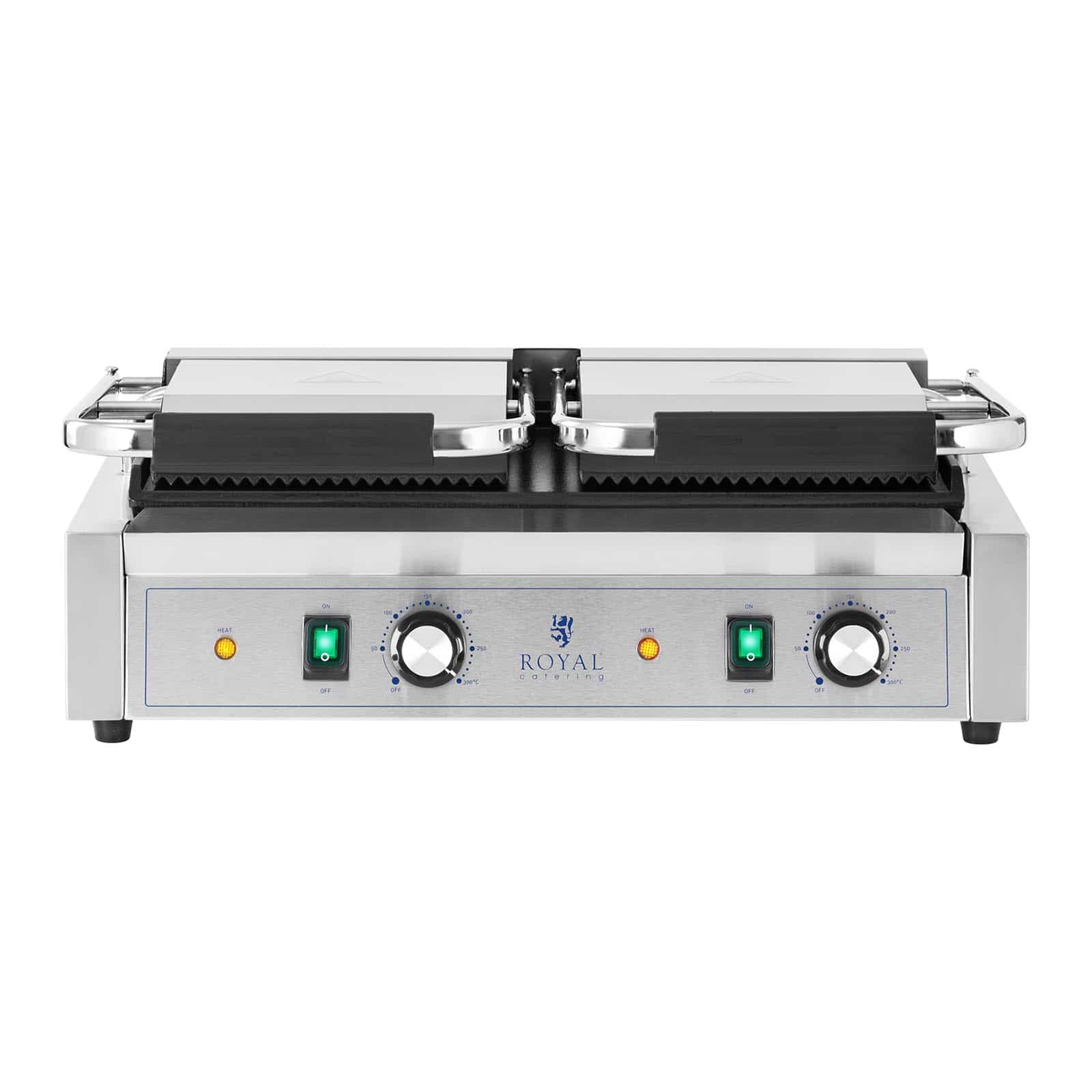 Tostiera doppia rigata + liscia per panini 3600 watt 50 - 300 °C con raccogligrasso in acciaio inox professionale in ghisa 14_0004005