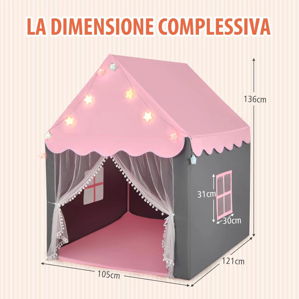 Tenda da Gioco per Bambini, Tenda Castello con Tappetino Lavabile, Luci a Forma di Stella, per Interno ed Esterno, 105 x 121 x 136 cm (Rosa)