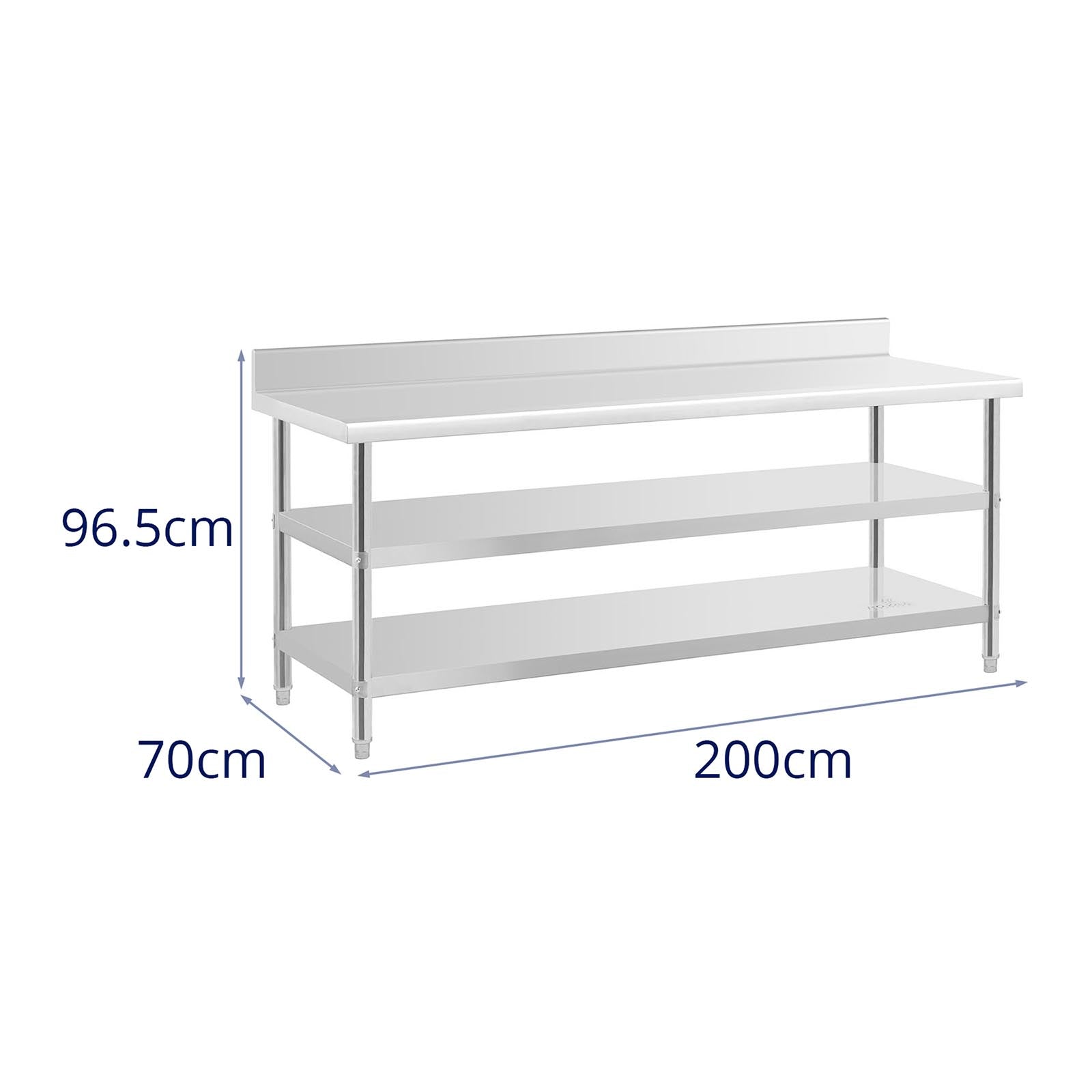 Tavolo da lavoro in acciaio inox con alzatina - 200 x 70 x 16,5 cm - 235 kg - 2 ripiani 14_0007311